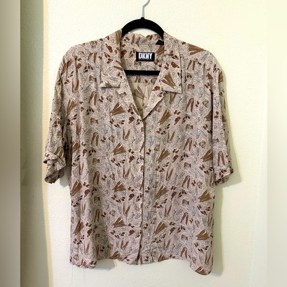 DKNY Button Down Top with Collar and Vintage Pattern